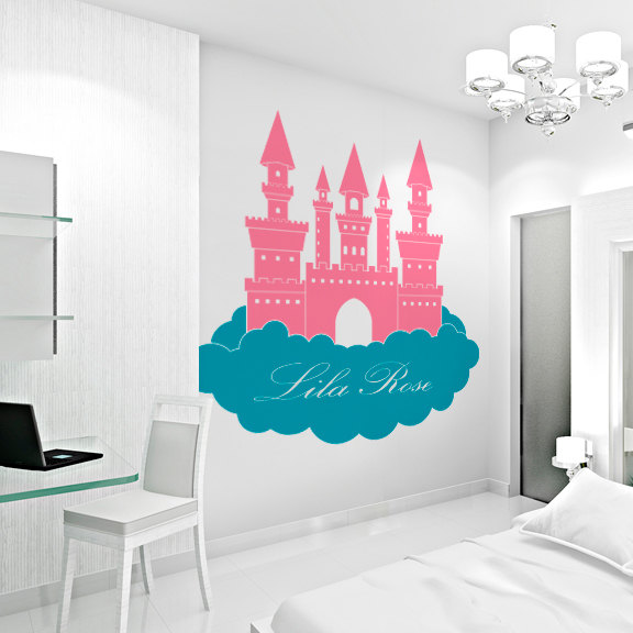 60" Princess Castle In Clouds - Custom Name Wall Decal - Children's Room And Nursery Vinyl Wall Art Decal Sticker